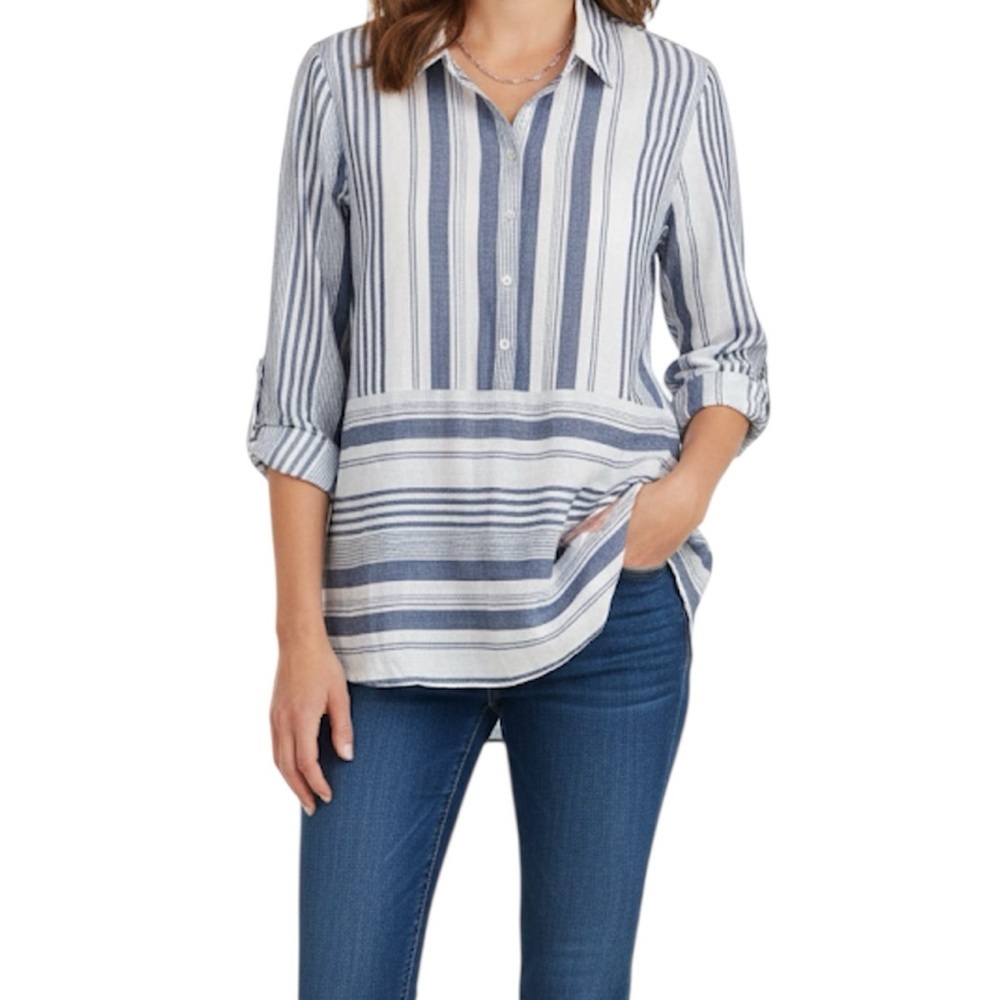 Charlie Paige Blue White Striped Long Sleeve Button Up Boho Casual Tunic Large